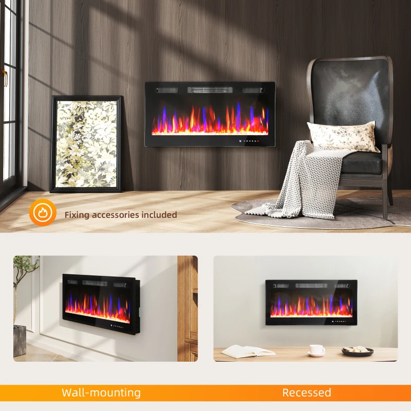 HOMCOM 36" Ultra-Slim Electric Fireplace, Wall Mounted and Recessed, 900W/1800W