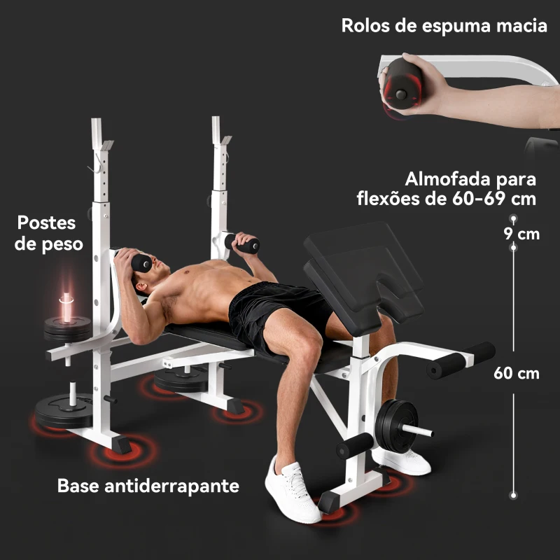 HOMCOM Banco de Musculação Multifuncional Inclinável com Suporte para Barra Ajustável Extensão de Pernas Curl de Predicador 180x134x113-136 cm Preto