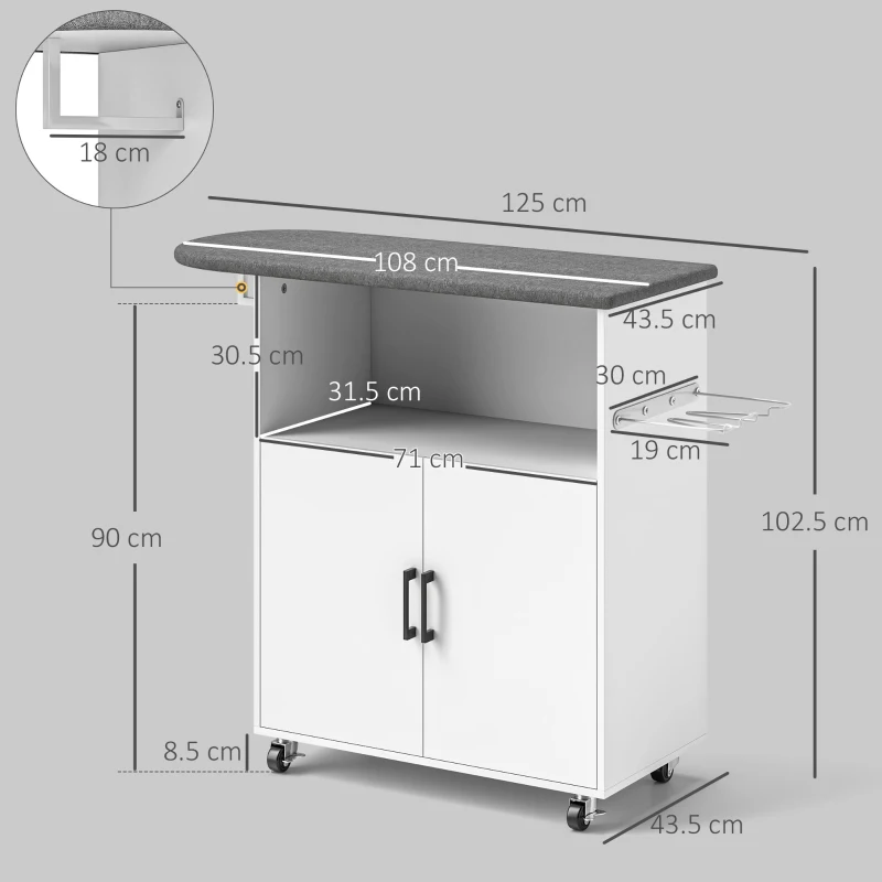 HOMCOM Mobile Asse da Stiro con Armadietto a 2 Ante e Spazio Aperto, 125x43.5x102.5 cm, Bianco