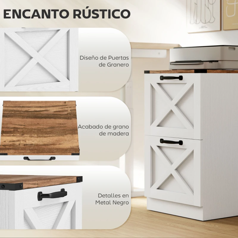 HOMCOM Cajonera Escritorio con 2 Cajones Soporte para Impresora con Riel Colgante para A4 y Carta 40x40x71 cm Blanco