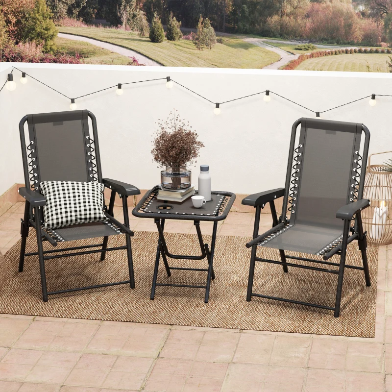 Outsunny 3-Piece Bistro Set Steel Weatherproof Garden Furniture with Foldable Bistro Table and Cup Holders Black