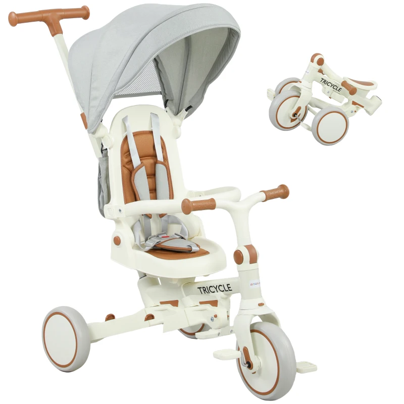AIYAPLAY Triciclo per Bambini 5 in 1 con Maniglione di Spinta e Copertura Rimovibile, 96.5x49x101 cm, Bianco Crema
