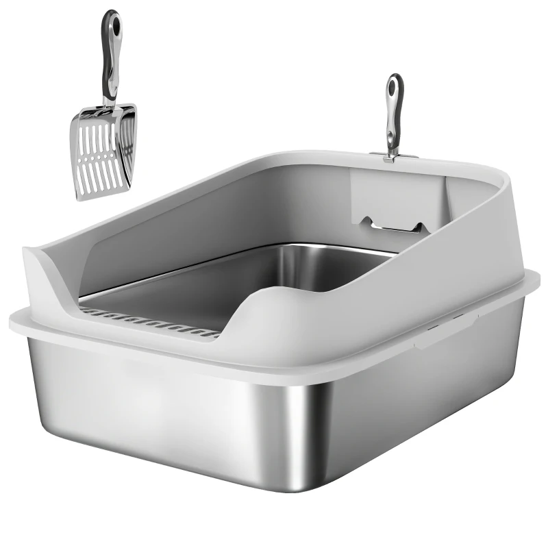 PawHut Katzentoilette Edelstahl Offene Katzenklo mit Schaufel hohem Rand für große Katzen bis 12 kg 69,8 x 50,3 x 29,8 cm Grau