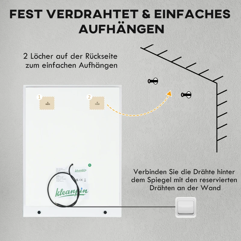kleankin Badezimmerspiegel mit LED-Beleuchtung, 3 Lichtfarben, Antibeschlag-Funktion, verkabelt, 70 x 50 cm