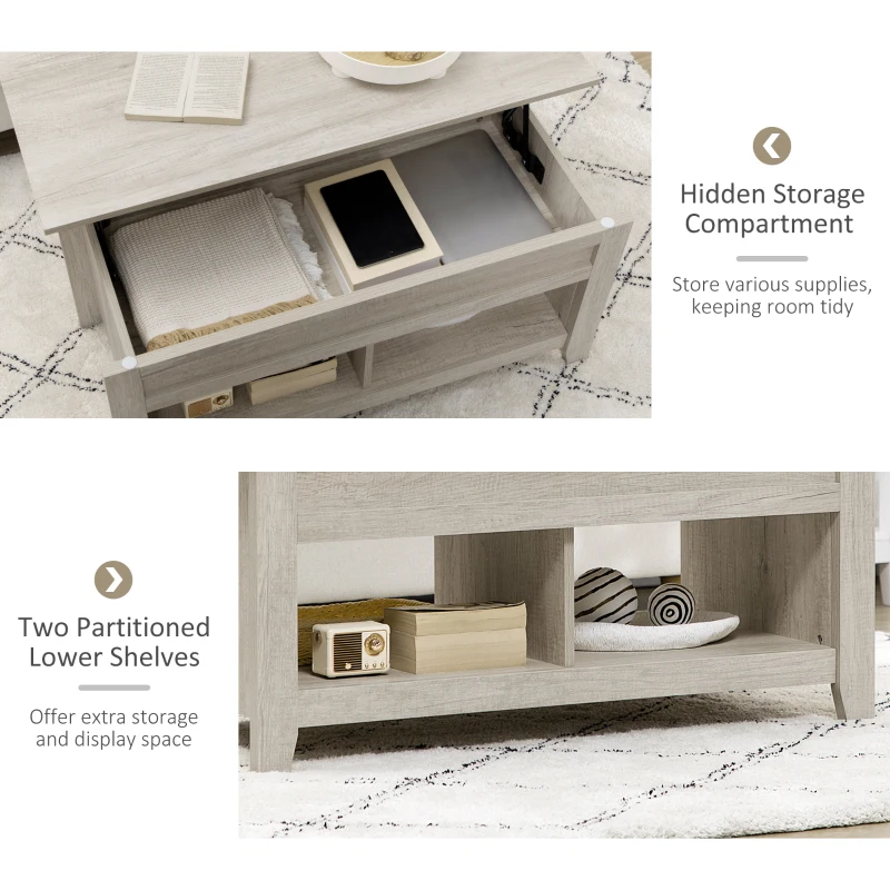 HOMCOM Lift Top Coffee Table w/ Hidden Storage Compartment Open Shelves Lift Tabletop Pop Up Centre Table for Living Room Oak Effect