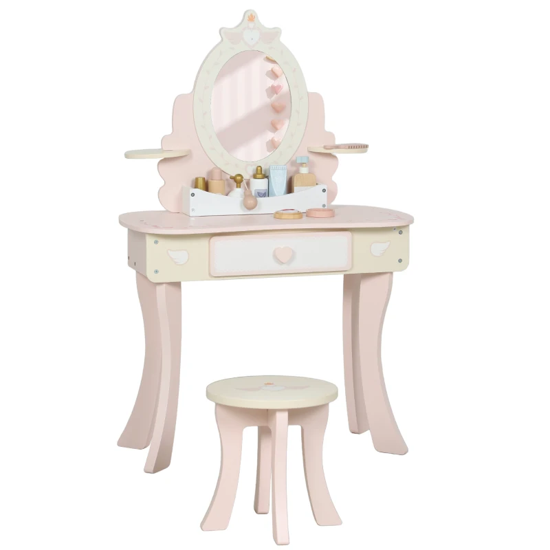 AIYAPLAY Set Toeletta con Specchio e Sgabello in Legno 2 in 1 per Bambini con 7 Accessori Inclusi, Rosa