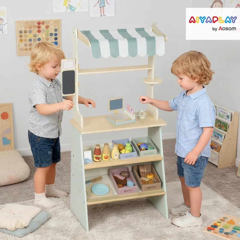 AIYAPLAY Kids Supermarket Stand – 34-Piece Playset with Cash Register, MDF, Green