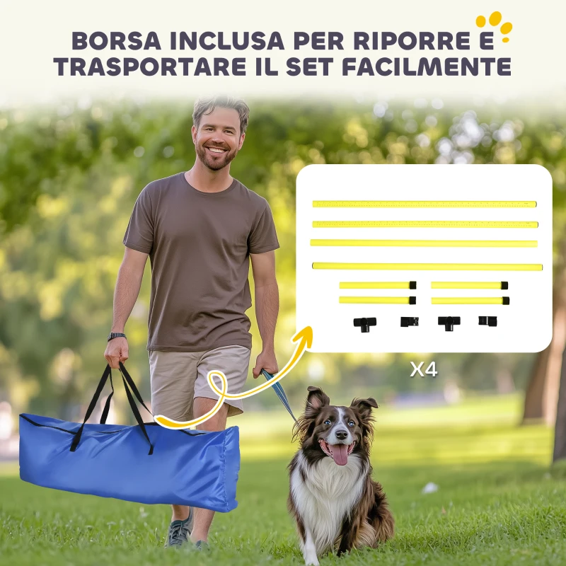 PawHut Set 4 Ostacoli Agility Dog per Addestramento Cani ad Altezza Regolabile con Borsa da Trasporto, Giallo
