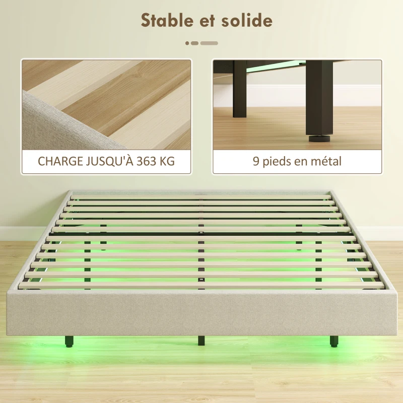 HOMCOM Cadre de lit flottant 140 x 190 cm avec éclairage LED, lit double rembourré en lin, sommier à lattes en bois, beige