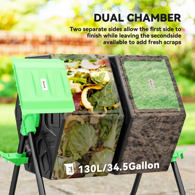 Outsunny Dual Chamber Garden Compost Bin, 130L Rotating Composter, Compost Maker with Ventilation Openings and Steel Legs, Green and Black