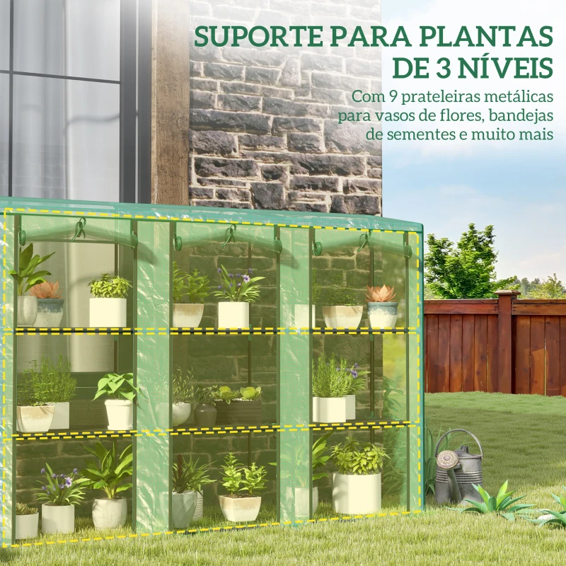 Outsunny Estufa Pequena com Prateleiras de 3 Níveis Portas com Fecho de Correr Estufa para Cultivar 215x46x151 cm Verde