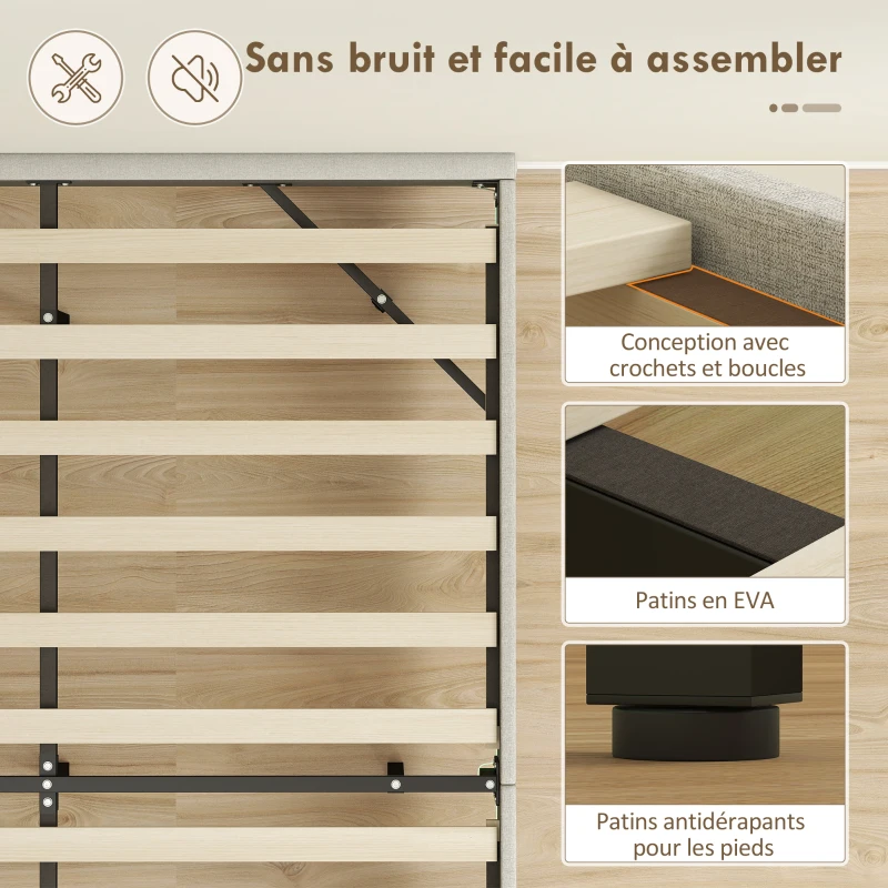 HOMCOM Cadre de lit flottant 140 x 190 cm avec éclairage LED, lit double rembourré en lin, sommier à lattes en bois, beige