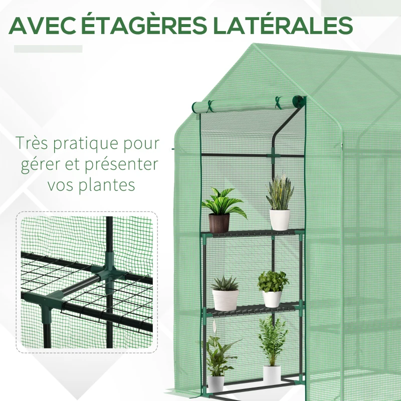 Outsunny Serre de Jardin avec Étagères 3 Niveaux, Petite Serre de Balcon en Bâche PE 140 g/㎡ Renforcée 143 x 138 x 190 cm, Vert