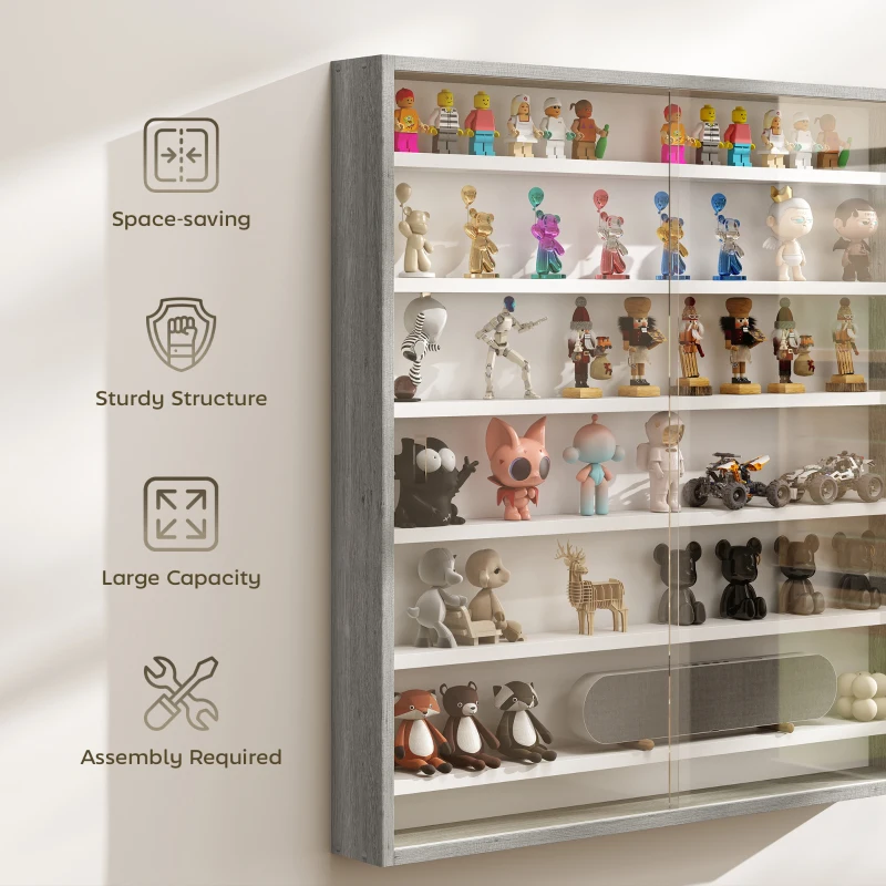 HOMCOM Six Shelf Display Cabinet, with Glass Doors - Graphite Wood Effect