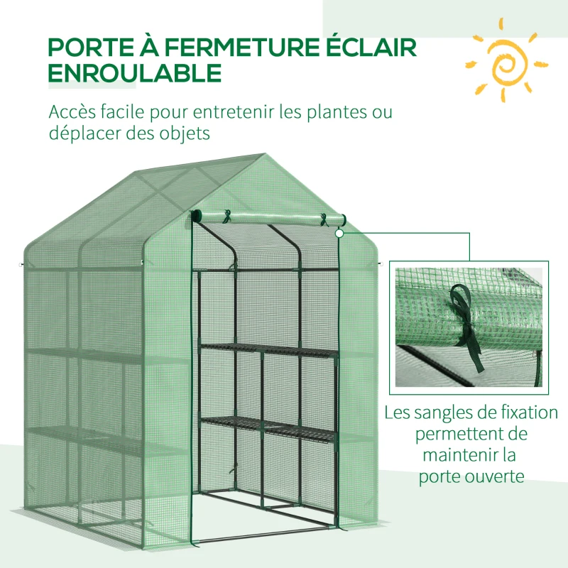 Outsunny Serre de Jardin avec Étagères 3 Niveaux, Petite Serre de Balcon en Bâche PE 140 g/㎡ Renforcée 143 x 138 x 190 cm, Vert