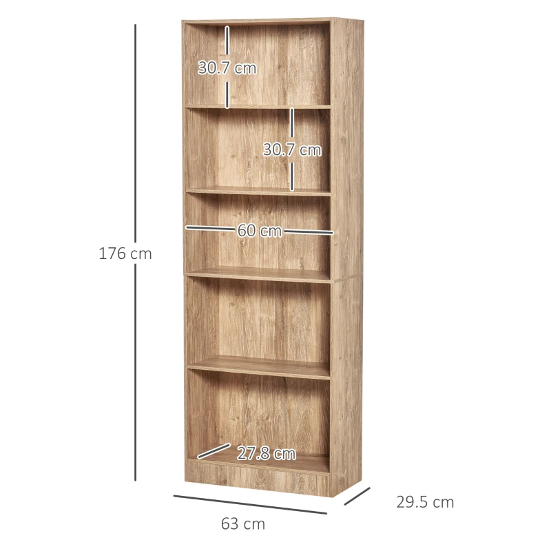 HOMCOM Libreria, scaffale di stoccaggio a 5 livelli con ripiani regolabili, 63 x 29,2 x 176 cm, legno naturale