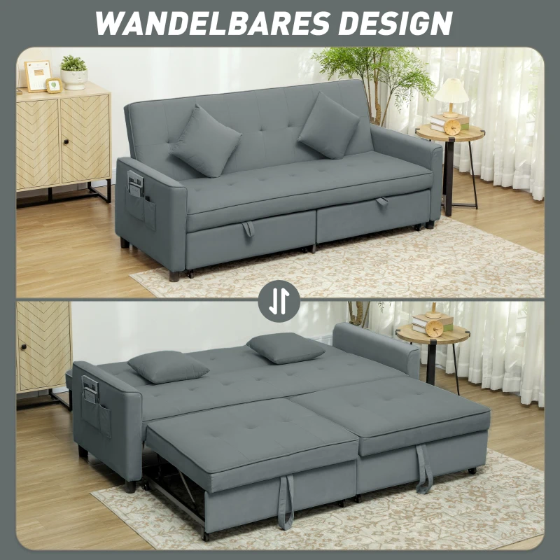 HOMCOM Sofabett, verstellbare 3-Sitzer-Couch mit Bettfunktion, Schlafsofa mit ausziehbarem Bett, Kissen, Grau