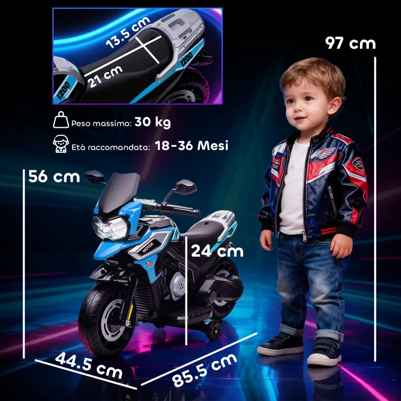 AIYAPLAY Moto Elettrica per Bambini con Rotelle, Specchietti e Poggiapiedi, in PP e Metallo, 85.5x44.5x56 cm, Blu