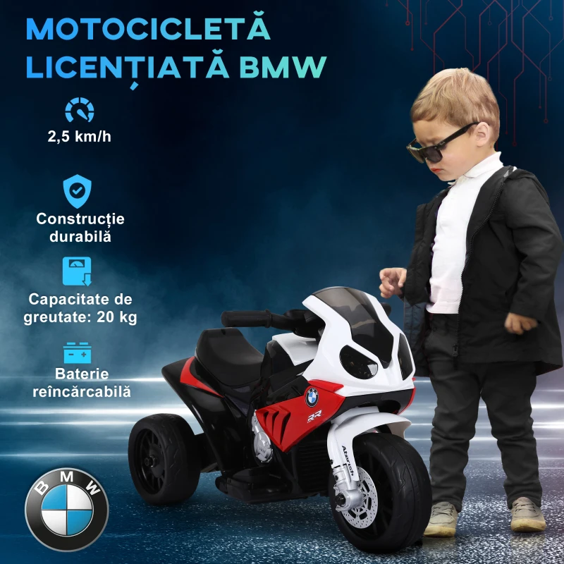 HOMCOM Motoreta Electrica pentru Copii BMW S1000RR Originala, 3 Roti cu Lumini si Sunete Reale, Rosu