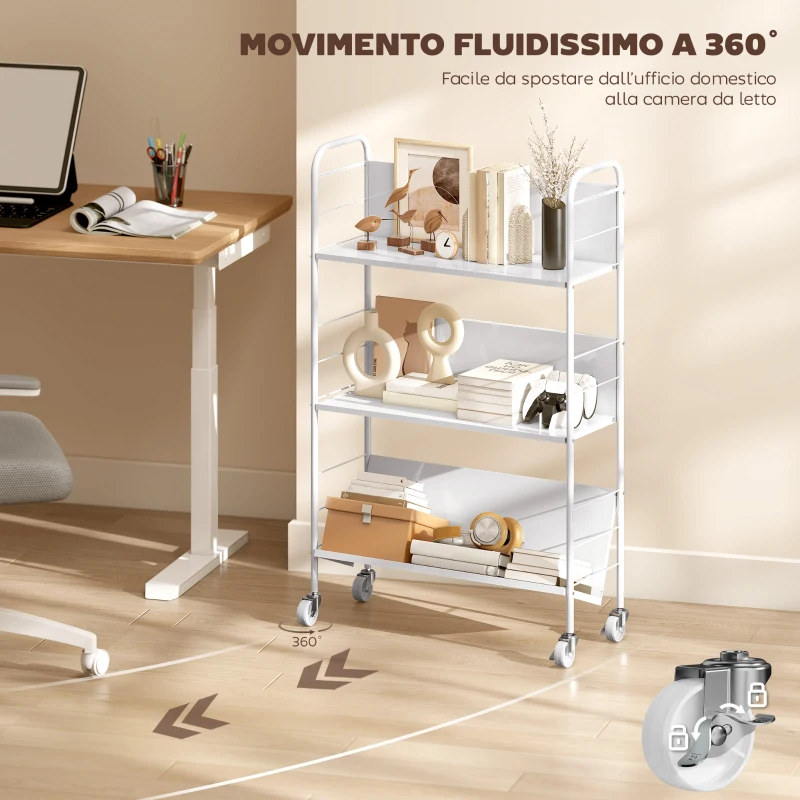 HOMCOM Carrello Portalibri Moderno a 3 Livelli con Ruote Girevoli per Libri e Riviste, 69x26x108 cm, Bianco