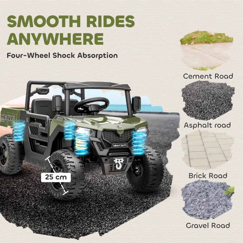 AIYAPLAY Kids Ride on Car, 12V Electric Kids UTV with Electric Dump Bed, 4-Wheel Suspension for 3-8 Years, Green