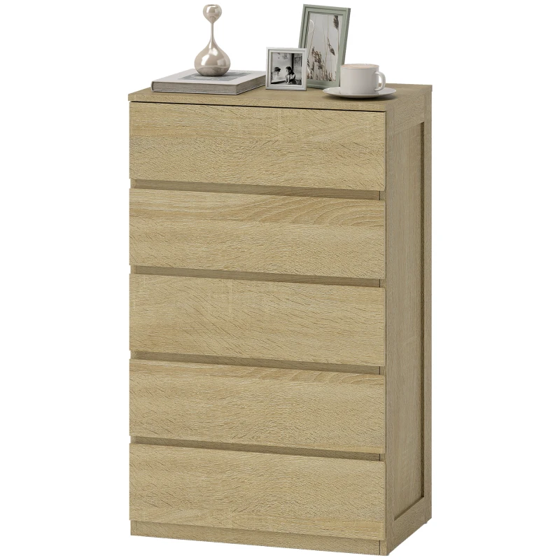 HOMCOM Cassettiera 5 Cassetti in Legno con Guide in Metallo e Maniglie Scanalate, 60x39x100 cm, color Faggio