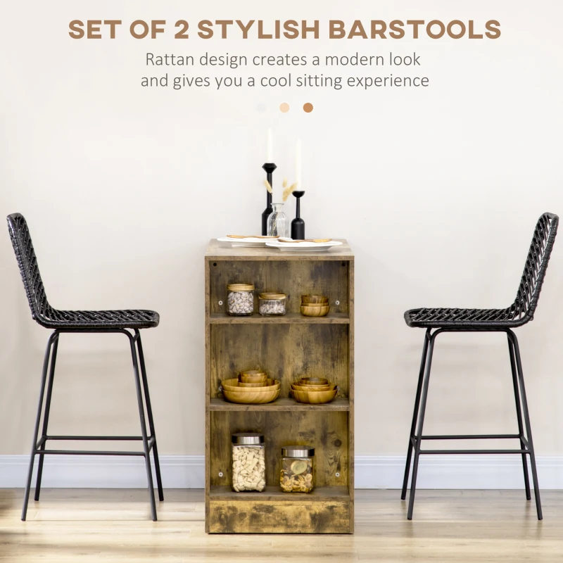 HOMCOM PE Rattan Bar Stools Set of 2, Counter Height Barstools with Steel Legs and Footrest for Dining Room, Pub, Black