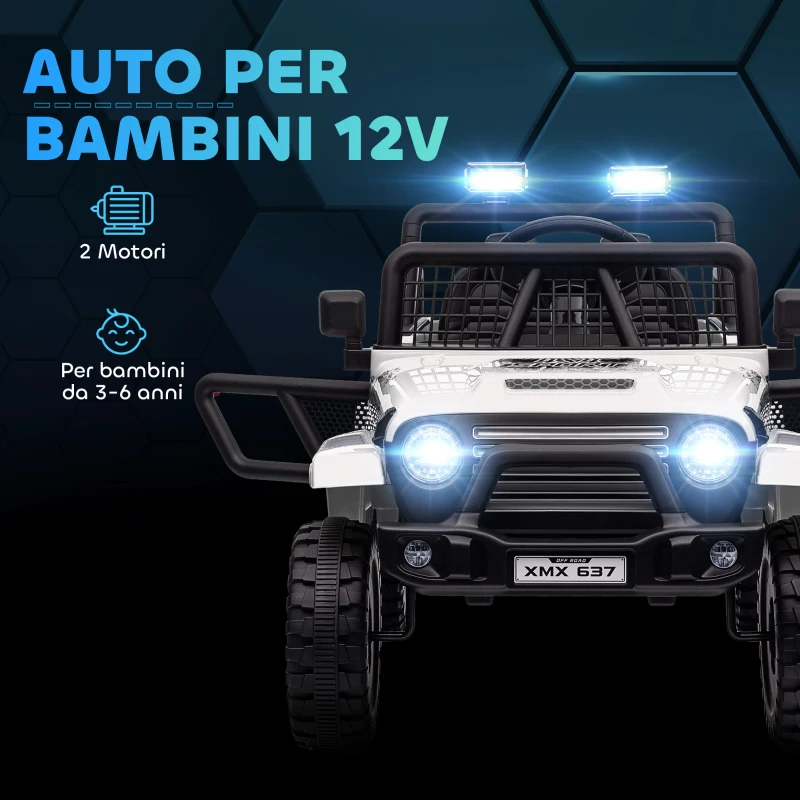 AIYAPLAY Macchina per Bambini Elettrica Fuoristrada 12V con Doppio Motore, Età 3-6 Anni, Telecomando e Luci, Bianco