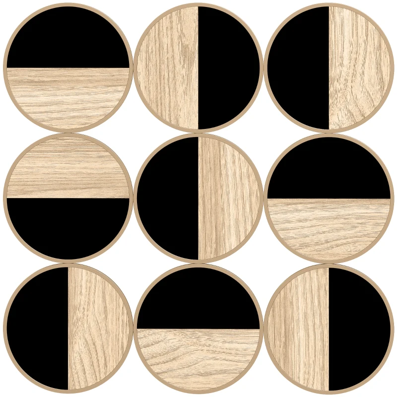 HOMCOM Cuadro Decorativo de Pared Geométrico Adorno Moderno 3D de 60x60 cm con Espejo de Plástico Negro y Madera Natural