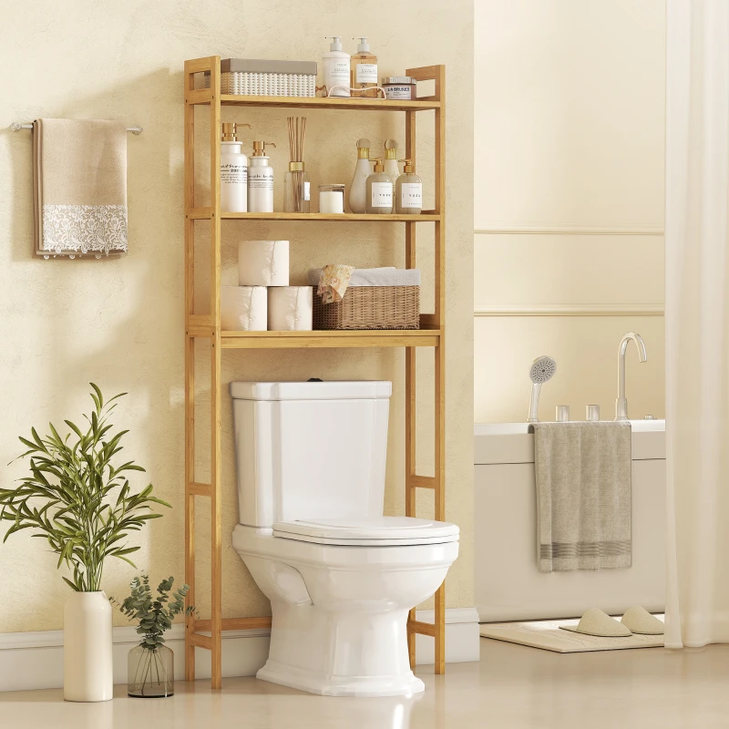 kleankin Mobile Sopra WC Salvaspazio a 3 Ripiani Aperti a Doghe, in Bambù, 68x20x165 cm, color Bambù