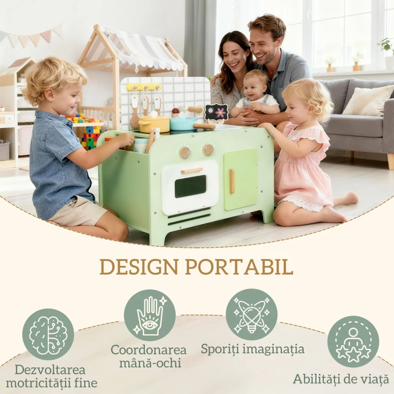 AIYAPLAY Set de Bucătărie de Jucărie din Lemn pentru Copii de 3+ Ani cu 15 Accesorii, Verde
