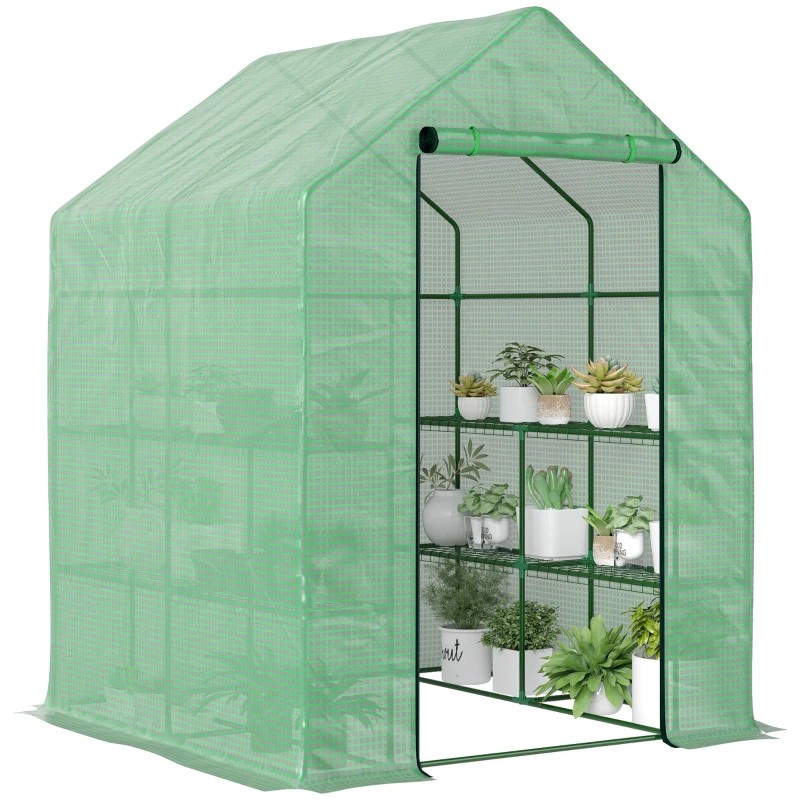 Outsunny Serre de Jardin avec Étagères 3 Niveaux, Petite Serre de Balcon en Bâche PE 140 g/㎡ Renforcée 143 x 138 x 190 cm, Vert