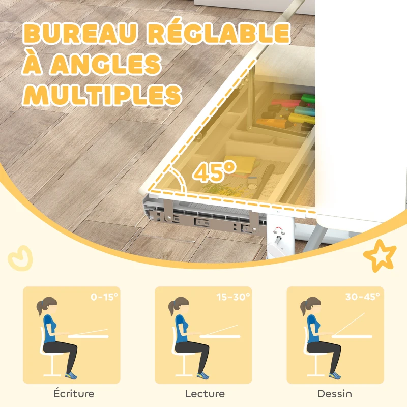 AIYAPLAY Bureau pour enfants, table d'étude réglable en hauteur avec plateau inclinable, 80 x 51 x 108,5-130,5 cm, naturel