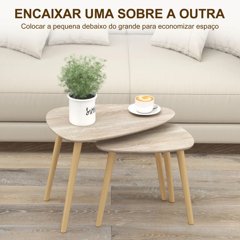 HOMCOM Conjunto de 2 Mesas Auxiliares com Pés de Madeira Mesas de Café 59,5x39,5x45 cm e 44,5x28,5x40 cm Madeira