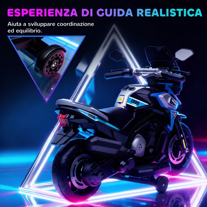 AIYAPLAY Moto Elettrica per Bambini con Rotelle, Specchietti e Poggiapiedi, in PP e Metallo, 85.5x44.5x56 cm, Blu