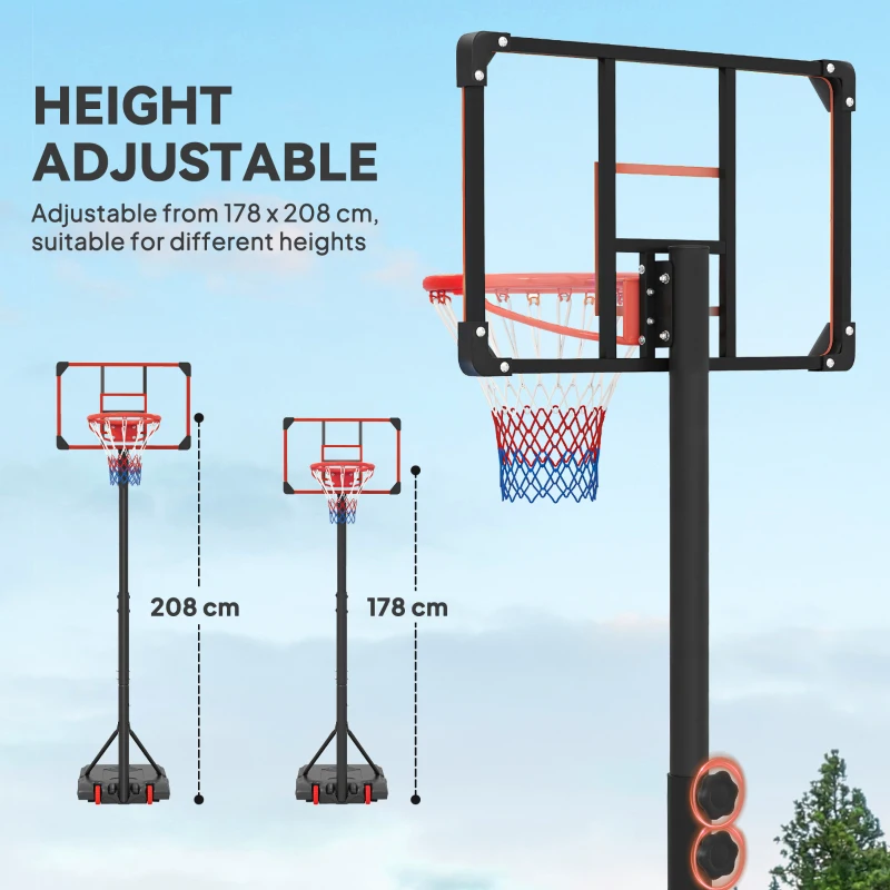 SPORTNOW Outdoor-Basketballkorb, 178-208 cm Verstellbare Korbhöhe, Basketballständer mit Rollen, für Jugendliche, Rot
