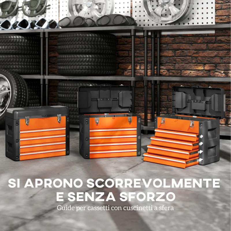 HOMCOM Cassetta Porta Attrezzi con 4 Cassetti e Scomparto Superiore in Acciaio e Plastica, Arancione e Nero