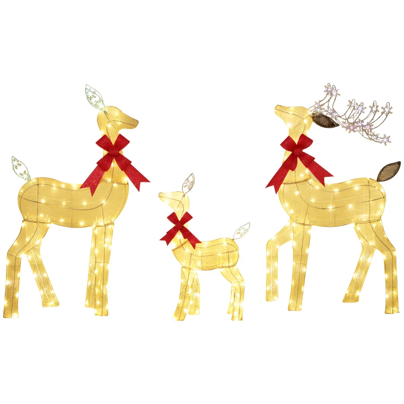 Outsunny 3-teilige Weihnachts-Dekoration, Rentier-Familie mit LED-Beleuchtung, rote Schleife, Stahl, Polyester, wasserfest