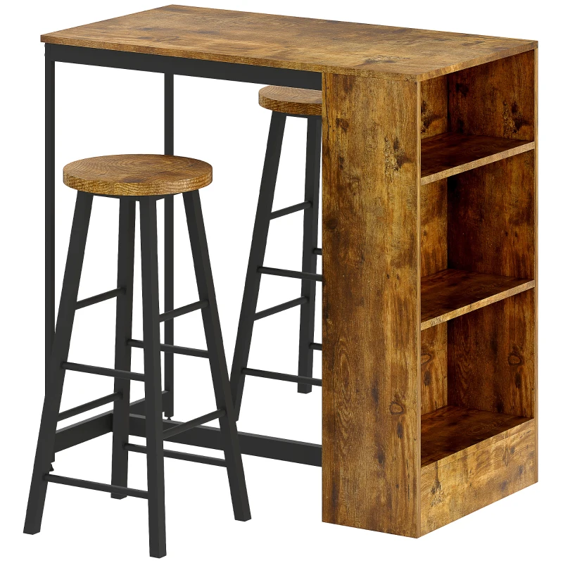 HOMCOM Set da Pranzo con Bancone Bar con 3 Ripiani e 2 Sgabelli Alti con Poggiapiedi Stile Industriale, Marrone