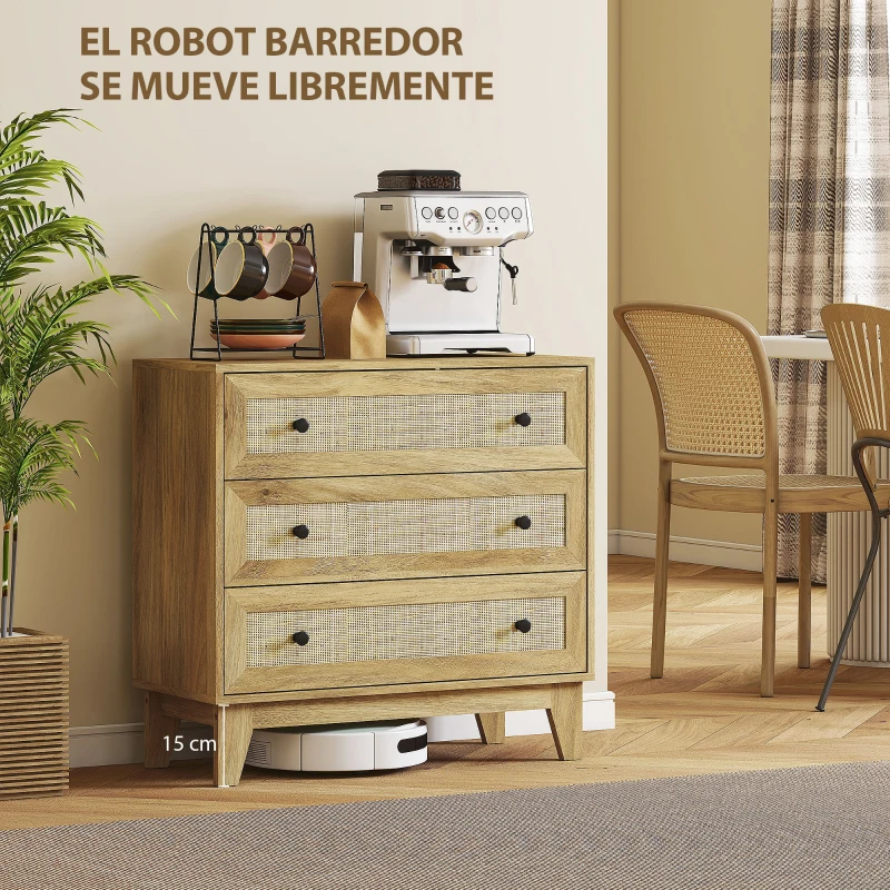 HOMCOM Cómoda con 3 Cajones Cajonera de Madera con Frontales de Ratán Estilo Cannage para Dormitorio 80x35x76 cm Natural