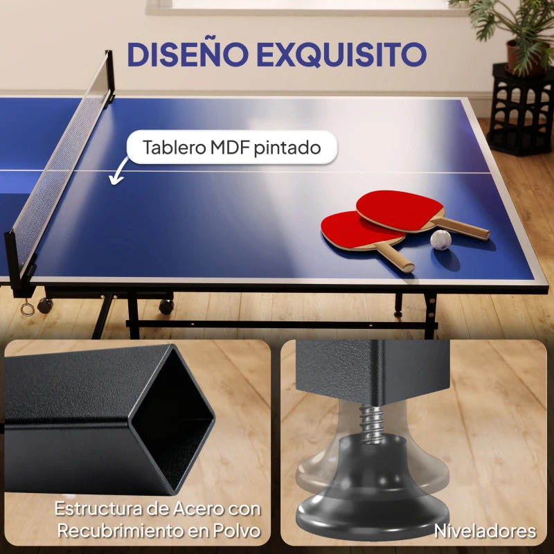 SPORTNOW Mesa de Ping-Pong Plegable con 4 Ruedas Red 2 Palas y 3 Pelotas para Interior y Exterior 274x152,5x75,5 cm Azul