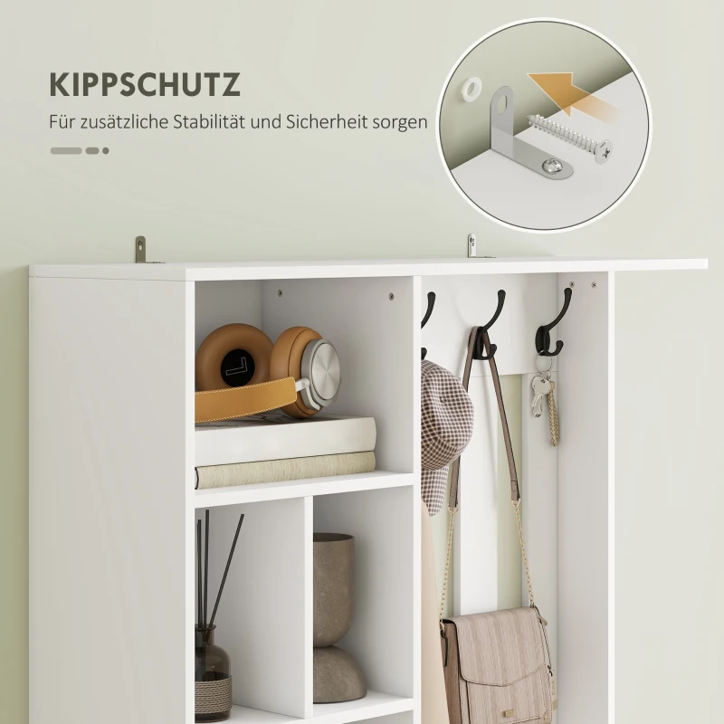 HOMCOM 180 cm Garderobenschrank mit Kleiderständer, Schuhbank, 4 Haken, offene Ablageflächen, MDF, Weiß