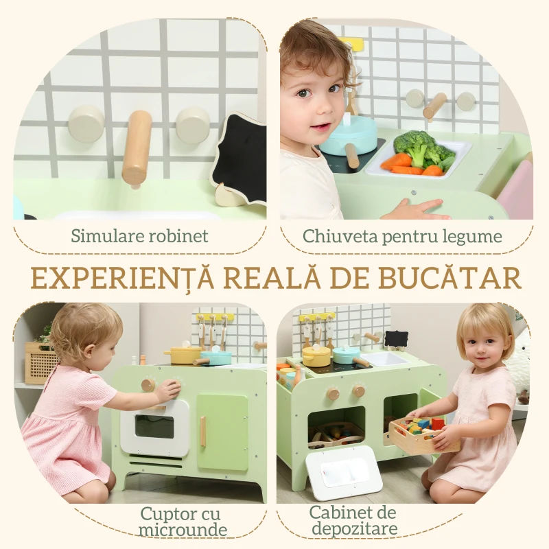 AIYAPLAY Set de Bucătărie de Jucărie din Lemn pentru Copii de 3+ Ani cu 15 Accesorii, Verde