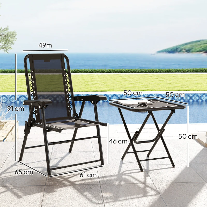 Outsunny Ensemble bistrot 3 pièces en acier résistant aux intempéries, mobilier de jardin pliant avec table bistrot, porte-gobelet, chaises de jardin, noir