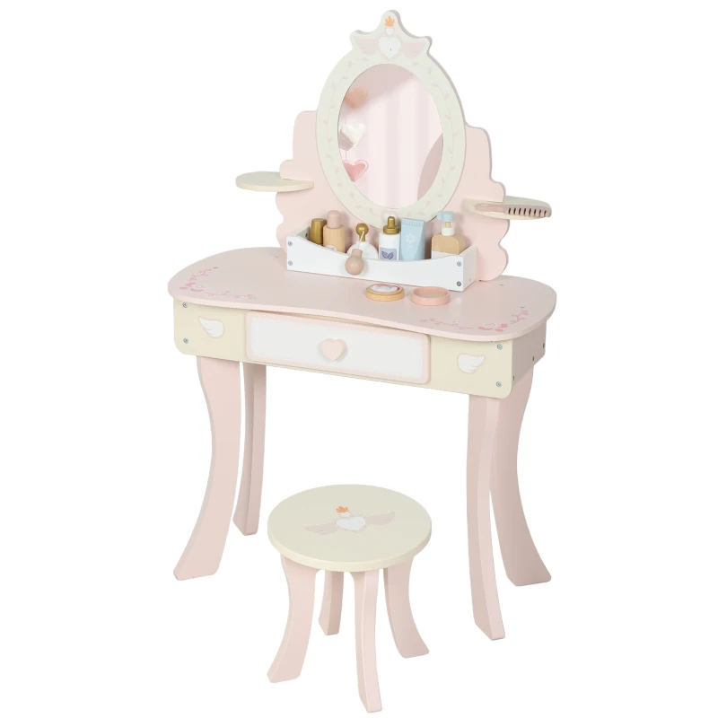 AIYAPLAY Set Toeletta con Specchio e Sgabello in Legno 2 in 1 per Bambini con 7 Accessori Inclusi, Rosa