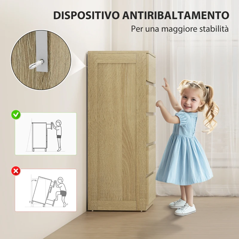 HOMCOM Cassettiera 5 Cassetti in Legno con Guide in Metallo e Maniglie Scanalate, 60x39x100 cm, color Faggio