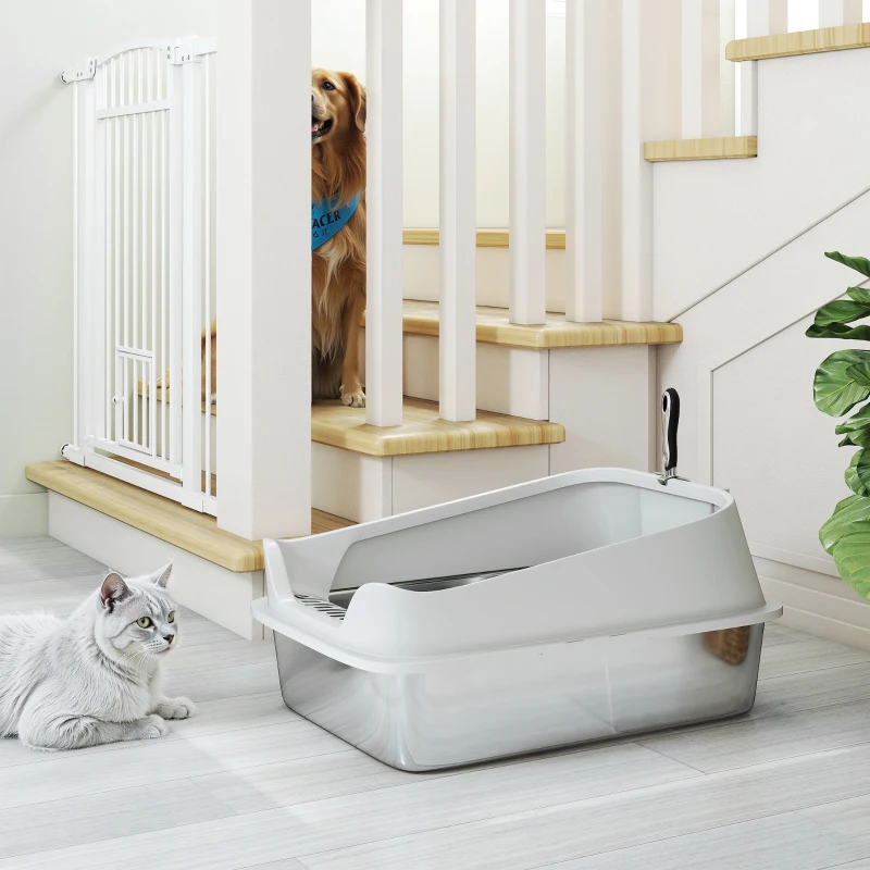 PawHut Stainless Steel Open Cat Litter Box with Scoop, High-Rim for Large Cats up to 7 kg, 60.2 x 40.2 x 29.7 cm, Gray
