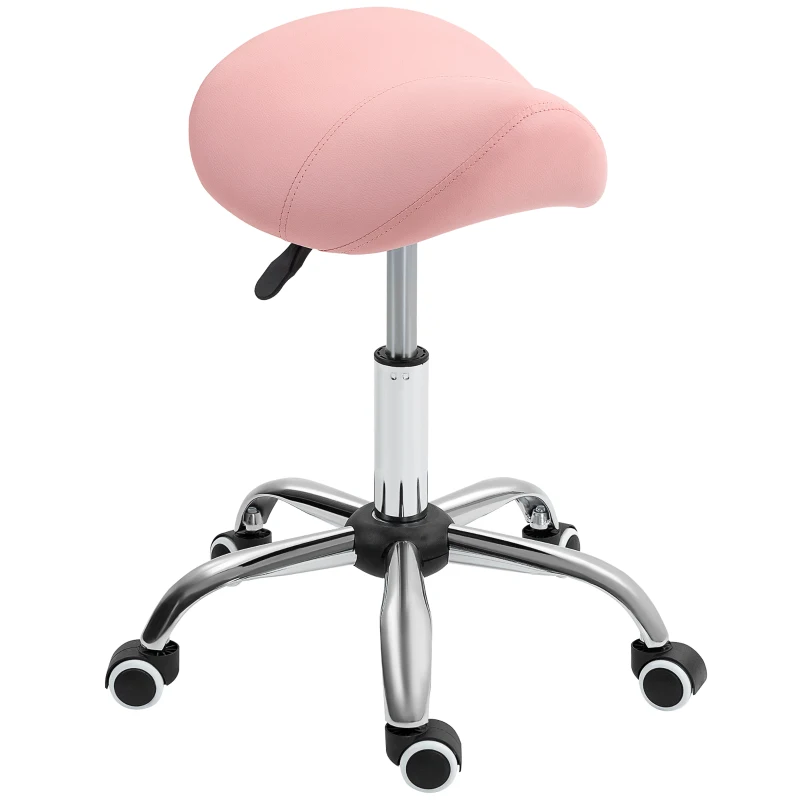 HOMCOM Taburete con Ruedas Taburete Giratoria con Altura Ajustable Taburete Cosmética Dentista Peluqueria 52x53x49-61 cm Rosa