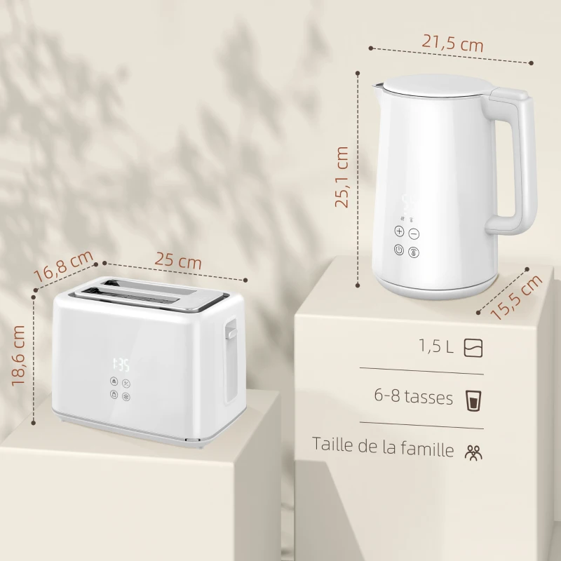 HOMCOM Ensemble bouilloire grille-pain, bouilloire en acier inoxydable 1,5 L et 2200 W et grille-pain à 2 tranches, crème