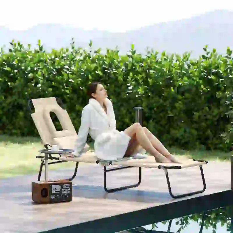 Outsunny Chaise longue avec ouverture pour le visage & coussins, pliable, revêtement déperlant, cadre métallique, Beige